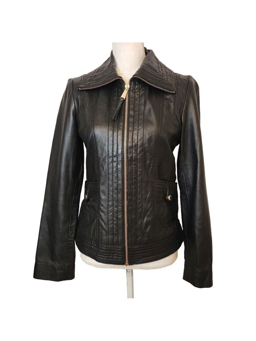 Michael Kors Missy Leather Full Zip Jacket Black Wing Collar Size S